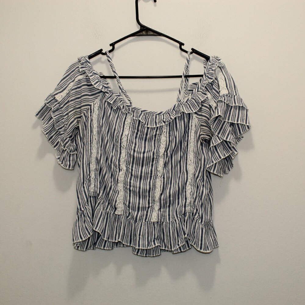 American Eagle Blue and White Cold Shoulder Top Size XS